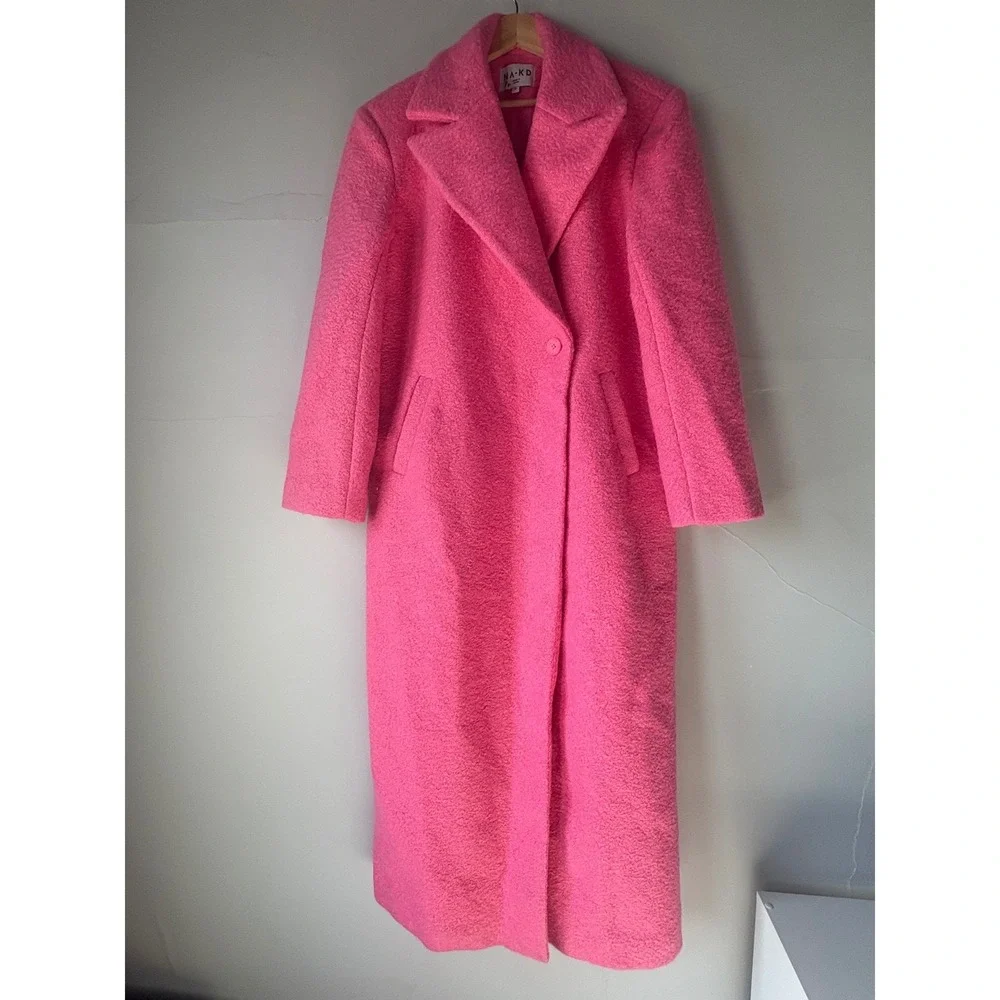 NA-KD Longline Boucle Wool Blend Coat Hot Pink Oversized Single Button Size 36 - Picture 5 of 9